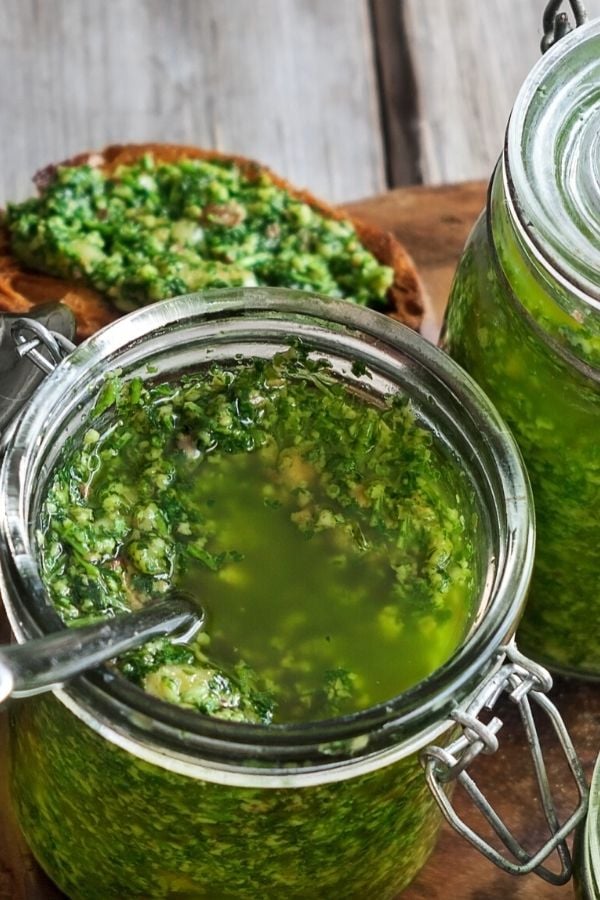 a glass jar with healthy Mexican cilantro lime dressing 