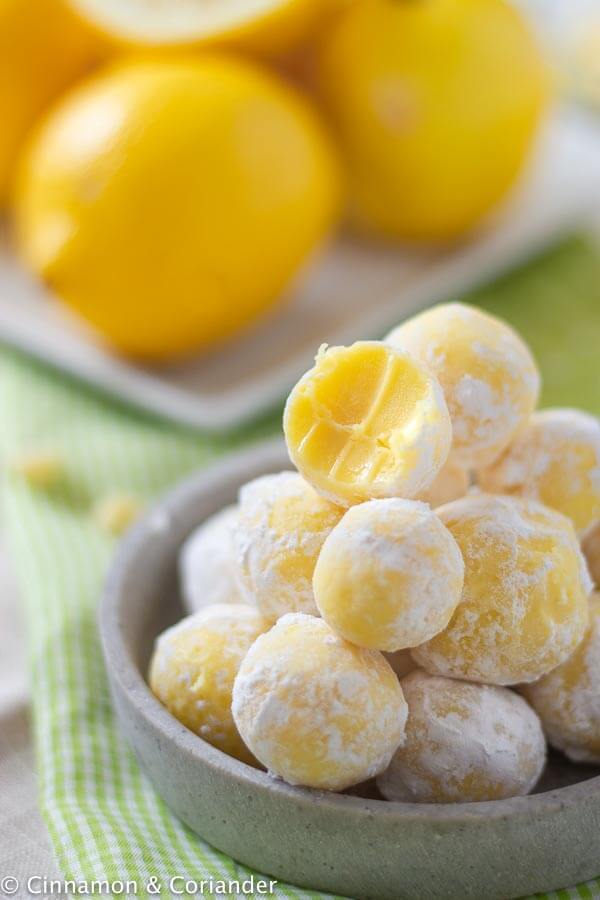 lemon white chocolate truffles in a small bowl