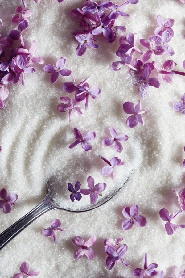 lilac petals being mixed with white sugar for making flower sugar 