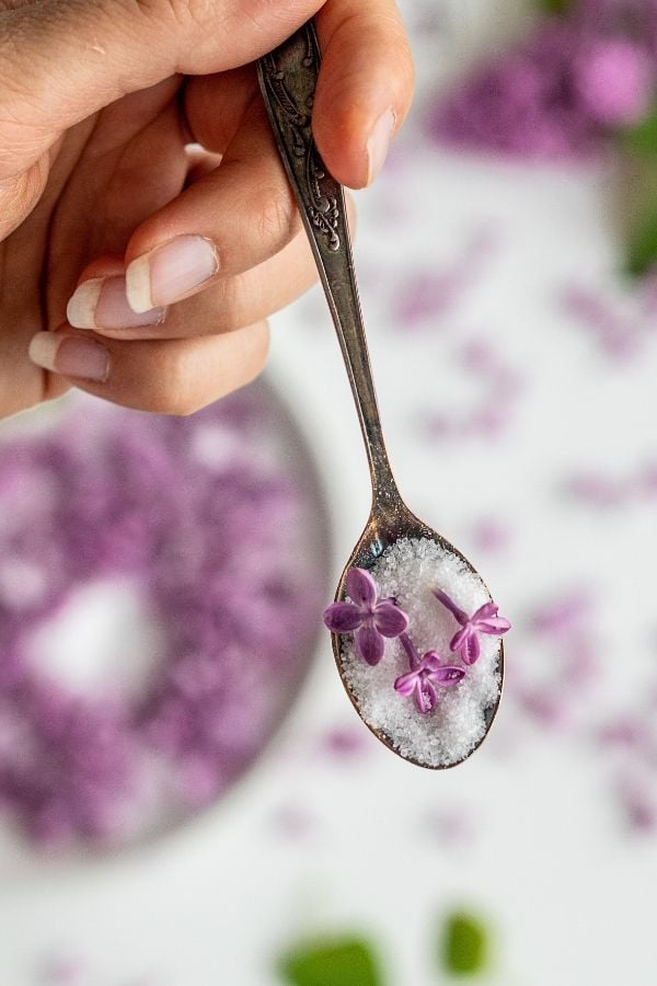 a small silver spoon filled with lilac petal sugar