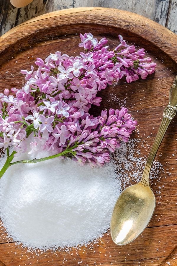 ingredients needed for making lilac sugar on a wooden board 