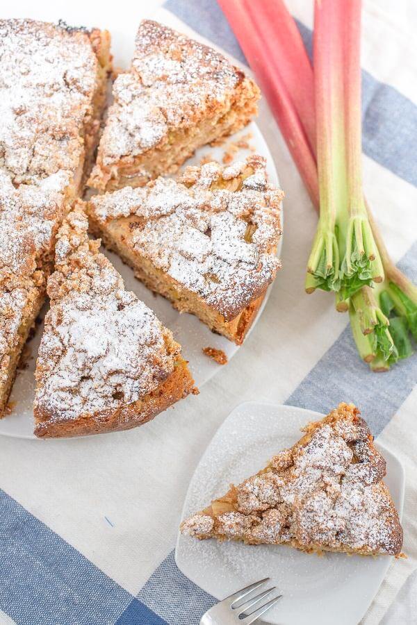 overhead shot of vegan glutenfree rhubarb coffee cake with streusel topping 
