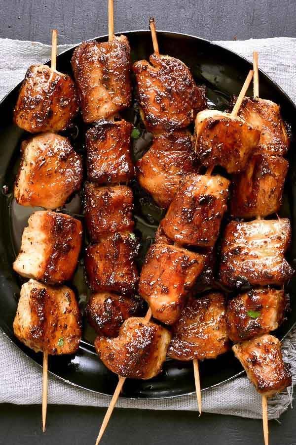 overhead shot of paleo pork satay skewers 