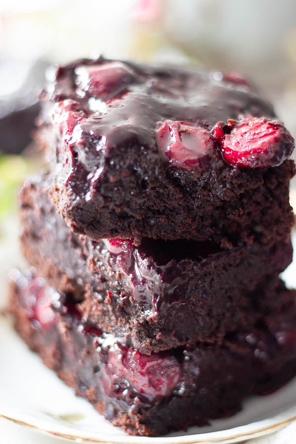 a stack of the best brandy cherry chocolate brownies made with cocoa powder