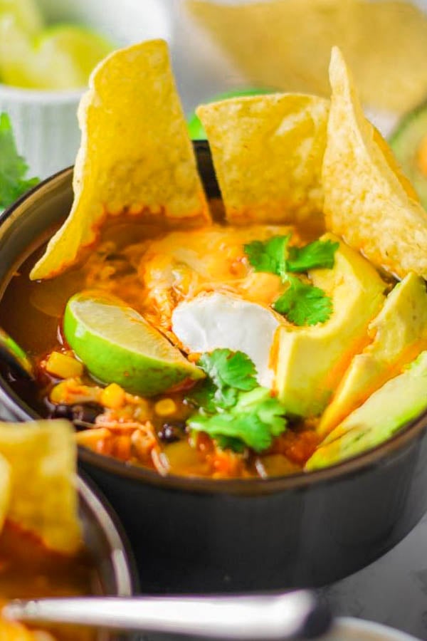 close-up of a bowl of healthy Mexican Chicken Tortilla Soup 