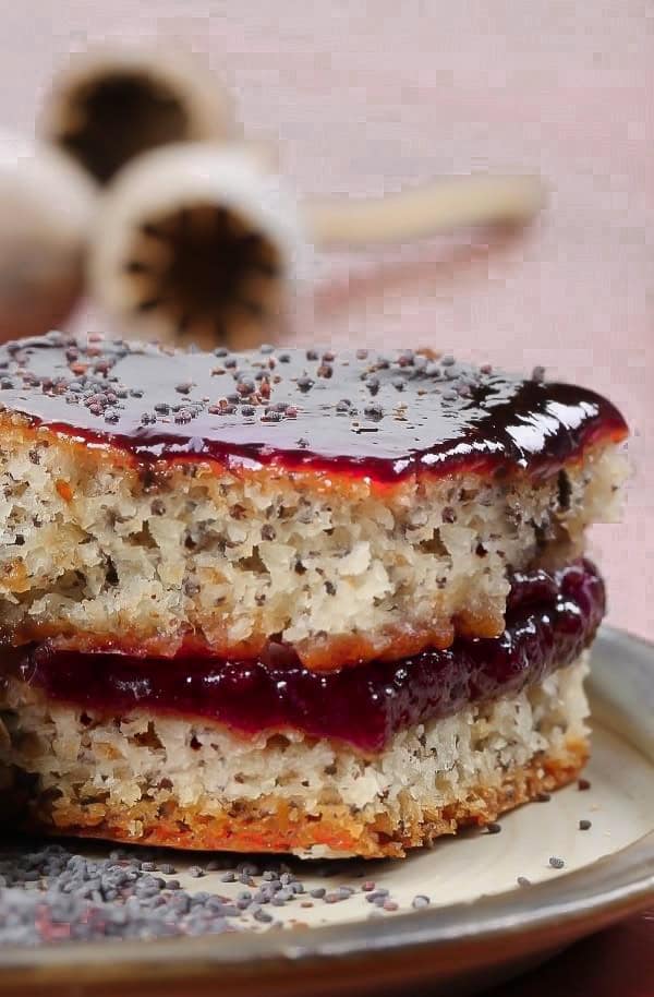 a slice of german poppy seed orange cake with a laywer of plum jam in the middle and plum jam glaze on top