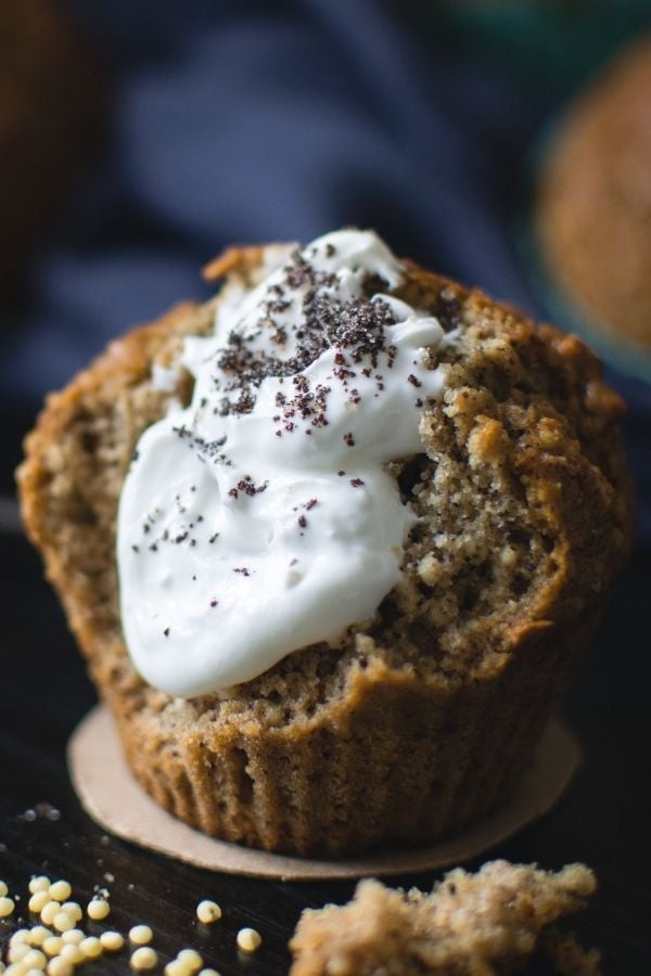 poppy seed marzipan muffins with quinoa topped with yogurt