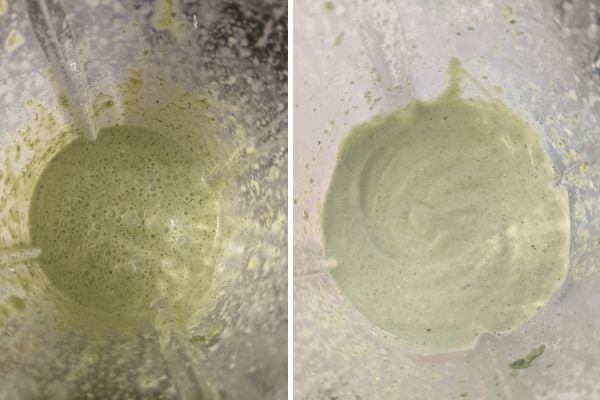 oil and lime juice being added to cilantro lime mayo in a blender