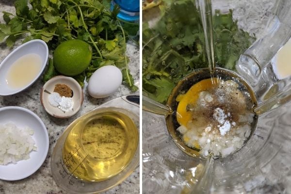 picture collage demonstrating how to make cilantro lime mayo in a blender