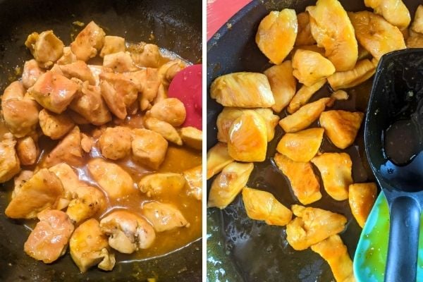 pan-fried chicken chunks being tossed with citrus sauce for making Chinese Orange Chicken recipe 