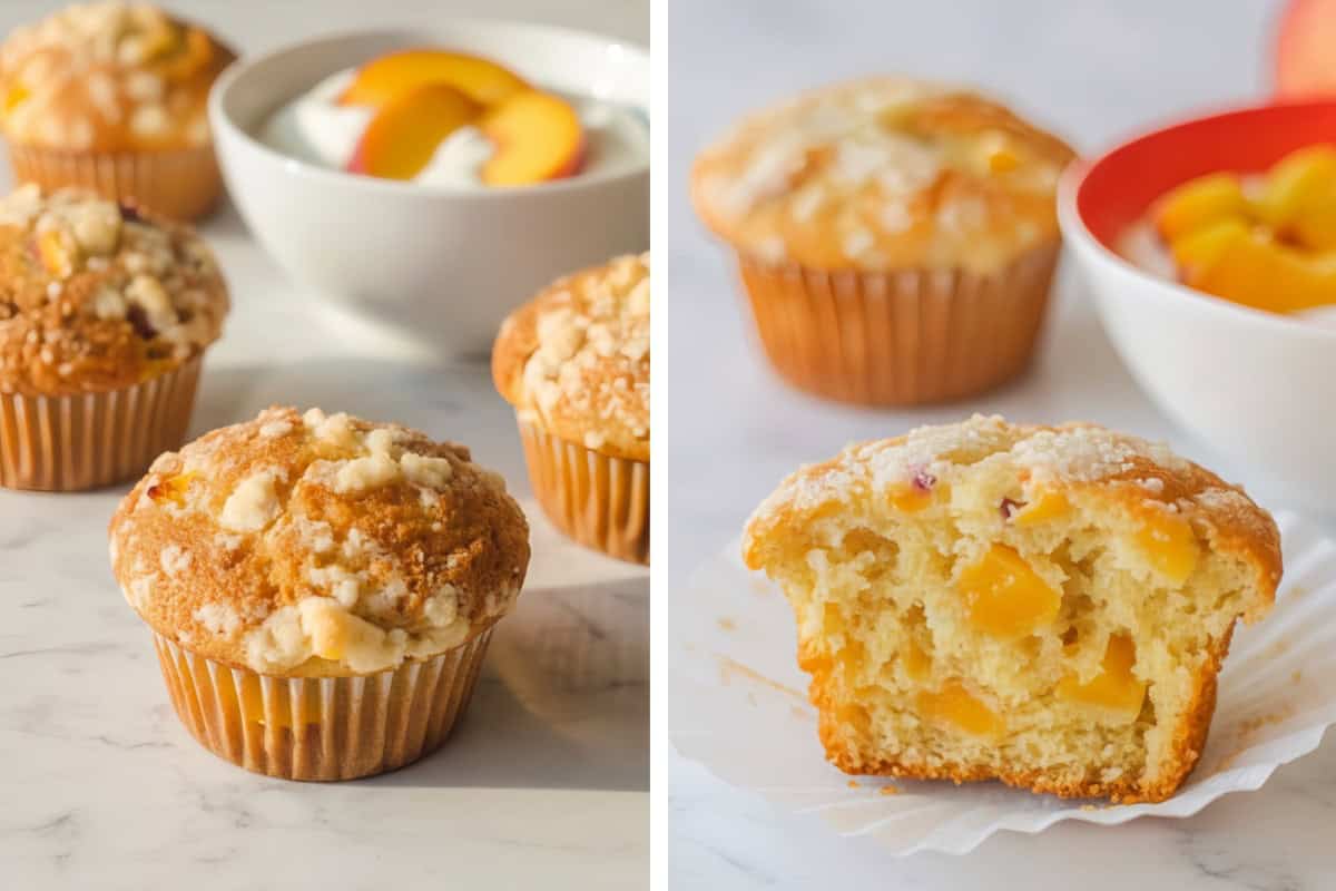 pfirsich muffins mit streuseln und saftigen frischen Pfirsich Stücken auf einem Marmor untergrund