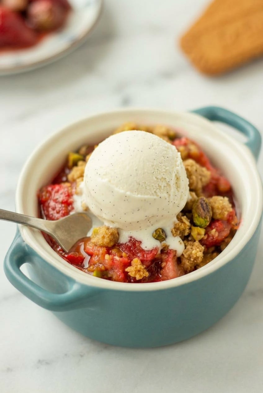 Erdbeer Rhabarber Crumble Erdbeer Rhabarber Crumble in einer kleinen Auflauf Form bedeckt mit Vanilleeis