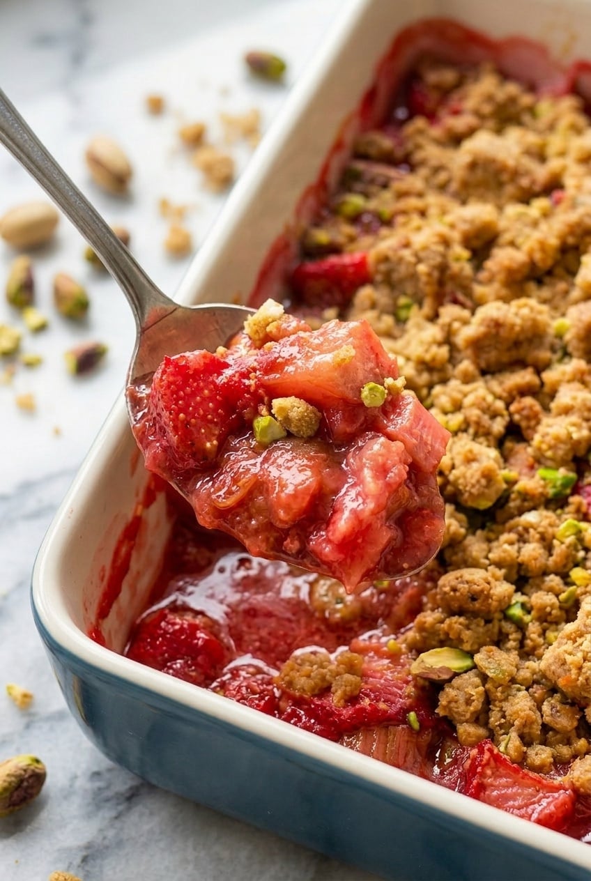 Erdbeer Rhabarber Crumble eine blaue Auflauf Form mit Erdbeer Rhabarber Crumble mit Pistazien