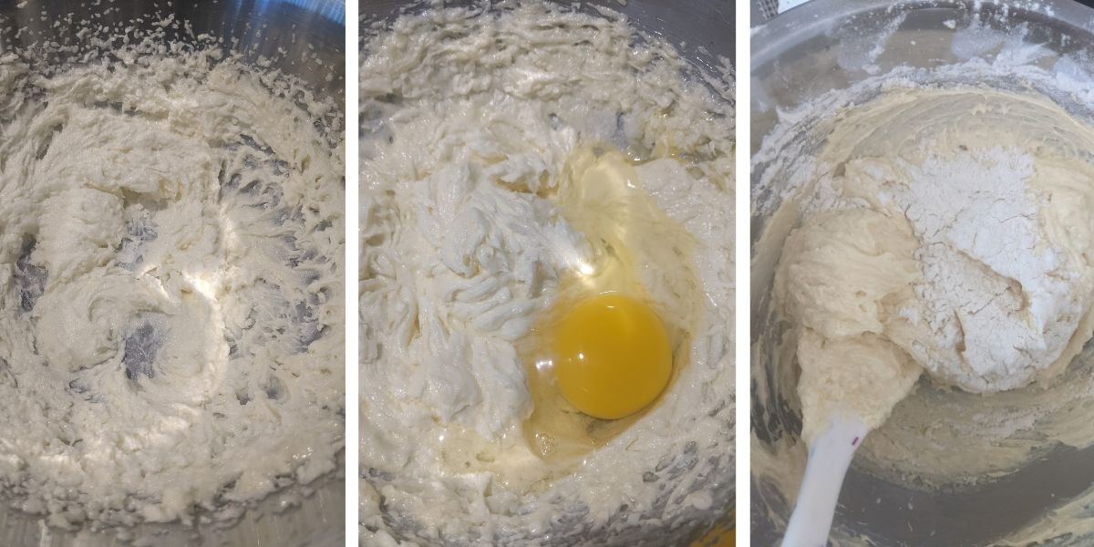 picture collage demonstrating how to mix batter for German plum crumble cake