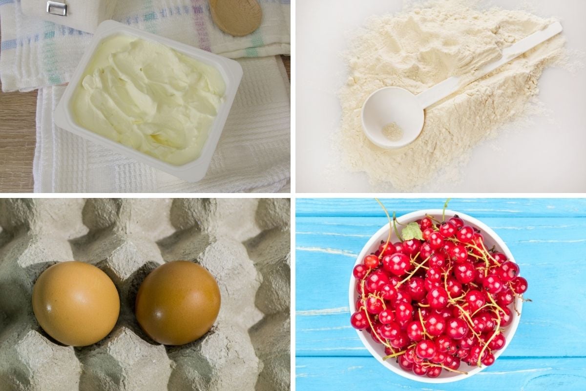 collage of ingredients needed for low carb German Cheesecake casserole: quark, eggs, protein powder and red currants 