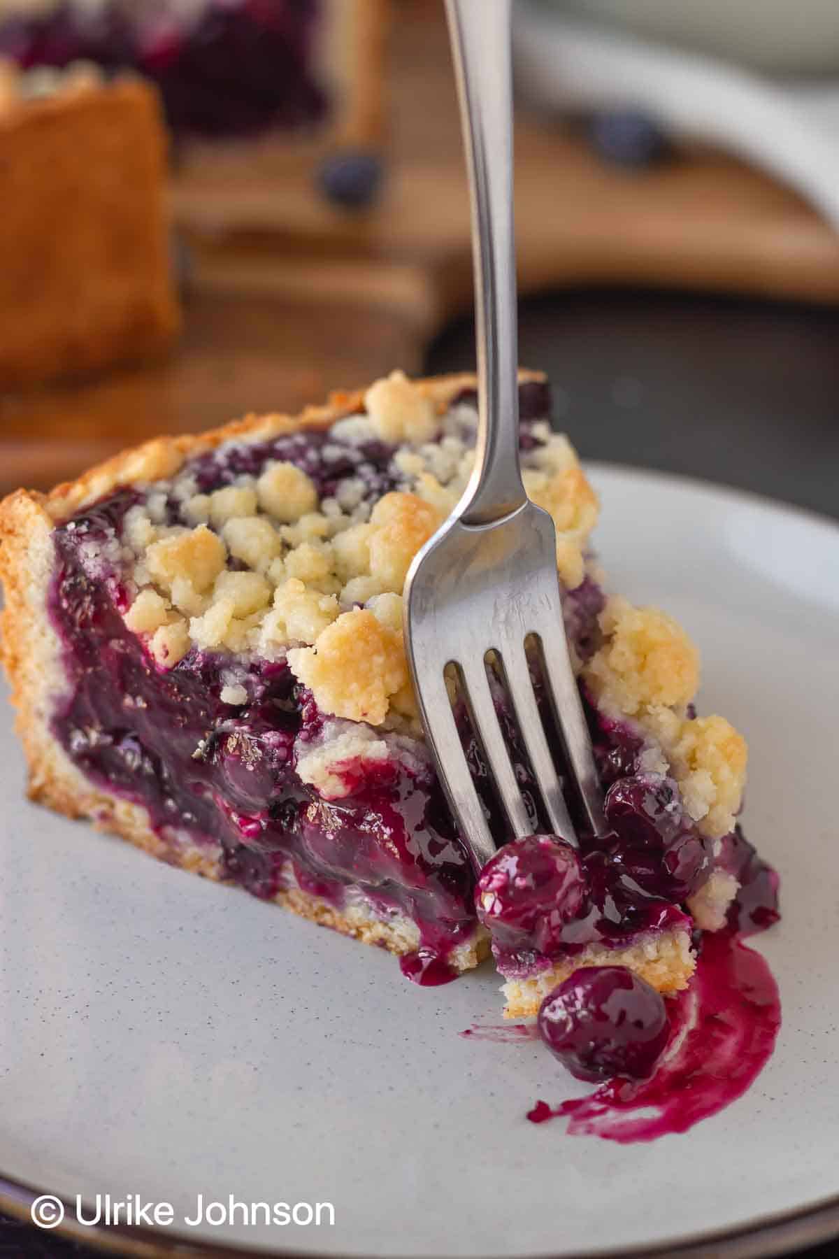 a slice of blueberry German Blueberry Cake with crumble topping with a fork 
