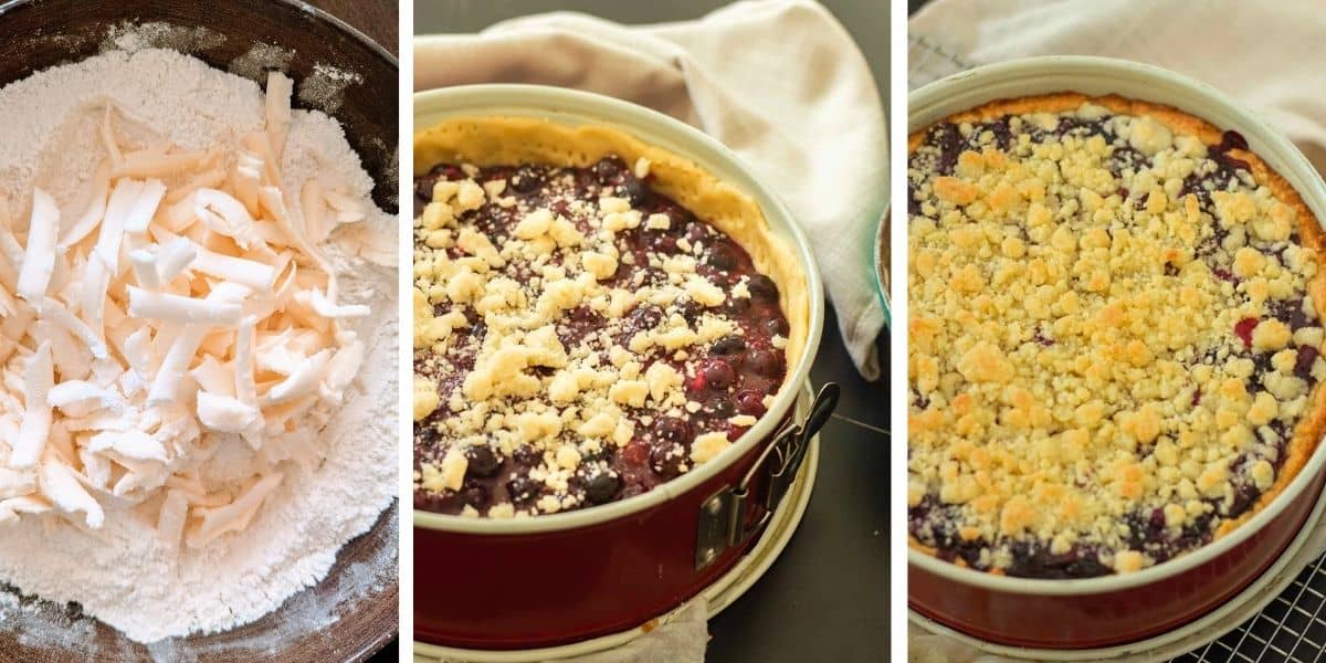 picture collage demonstrating how to make German Blueberry Cake recipe