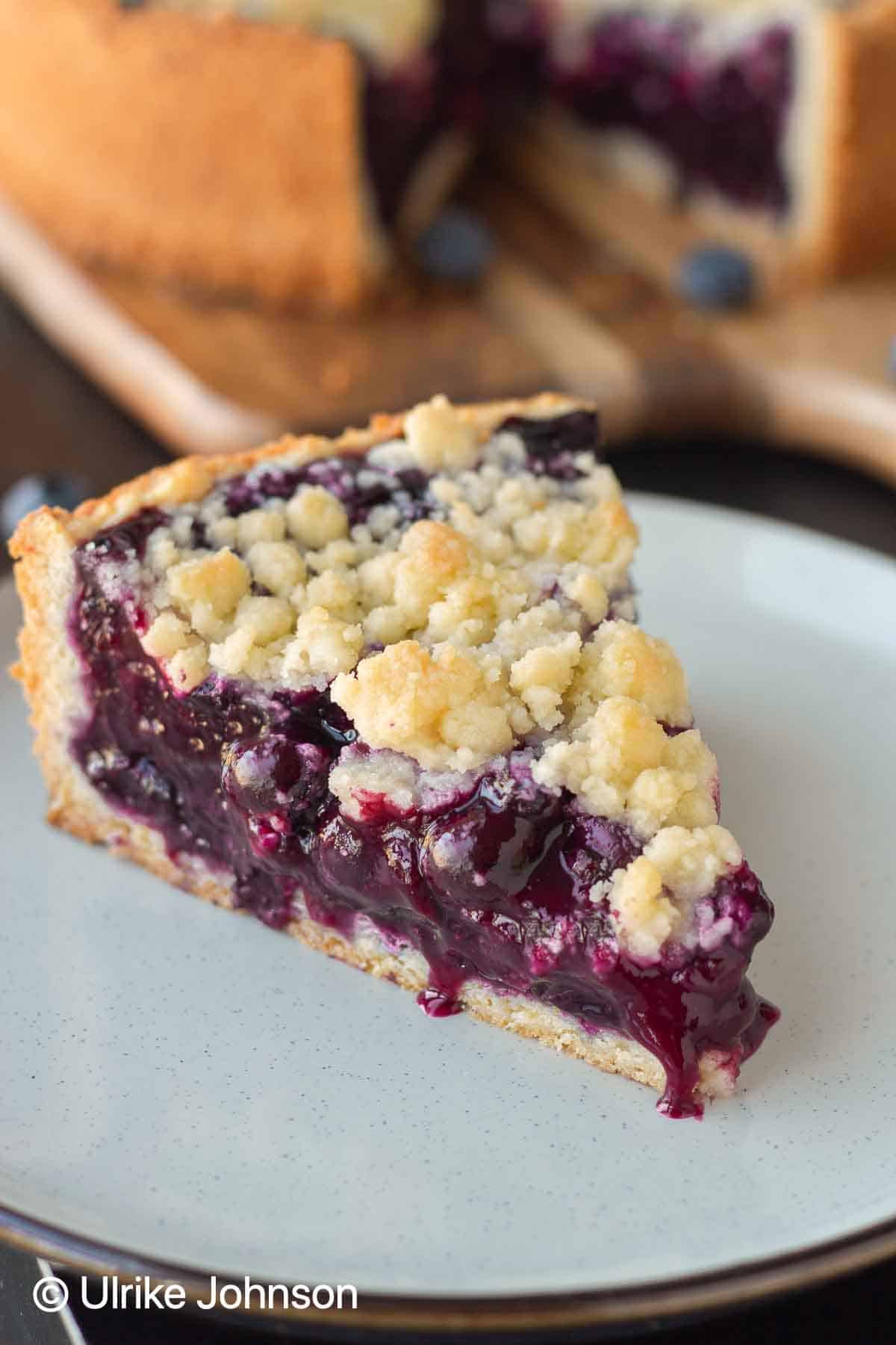 a slice of German Blueberry Cake with Streusel Topping and homemade blueberry pie filling