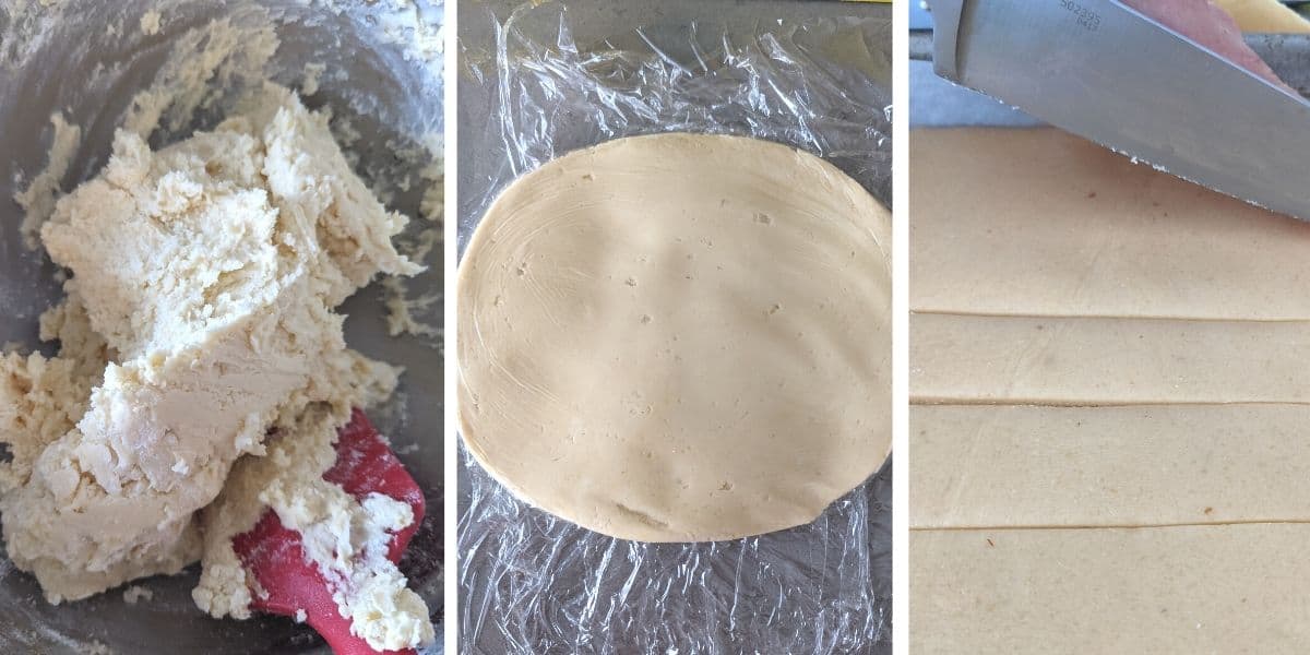 shortcrust cookie dough being rolled out and cut out