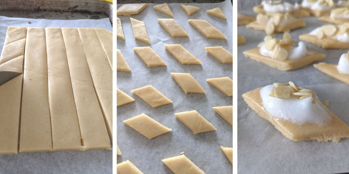 Bildanleitung wie man Marzipan Plätzchen aussticht und mit Mandeln und Baiser belegt