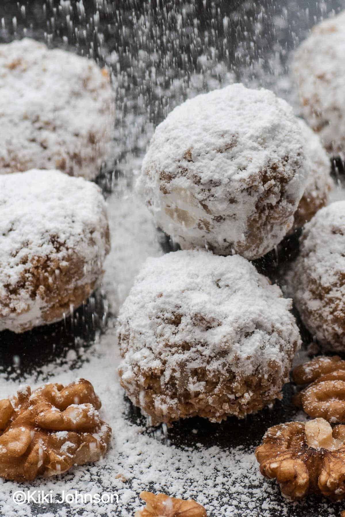 walnut snowball cookies dusted with icing sugar