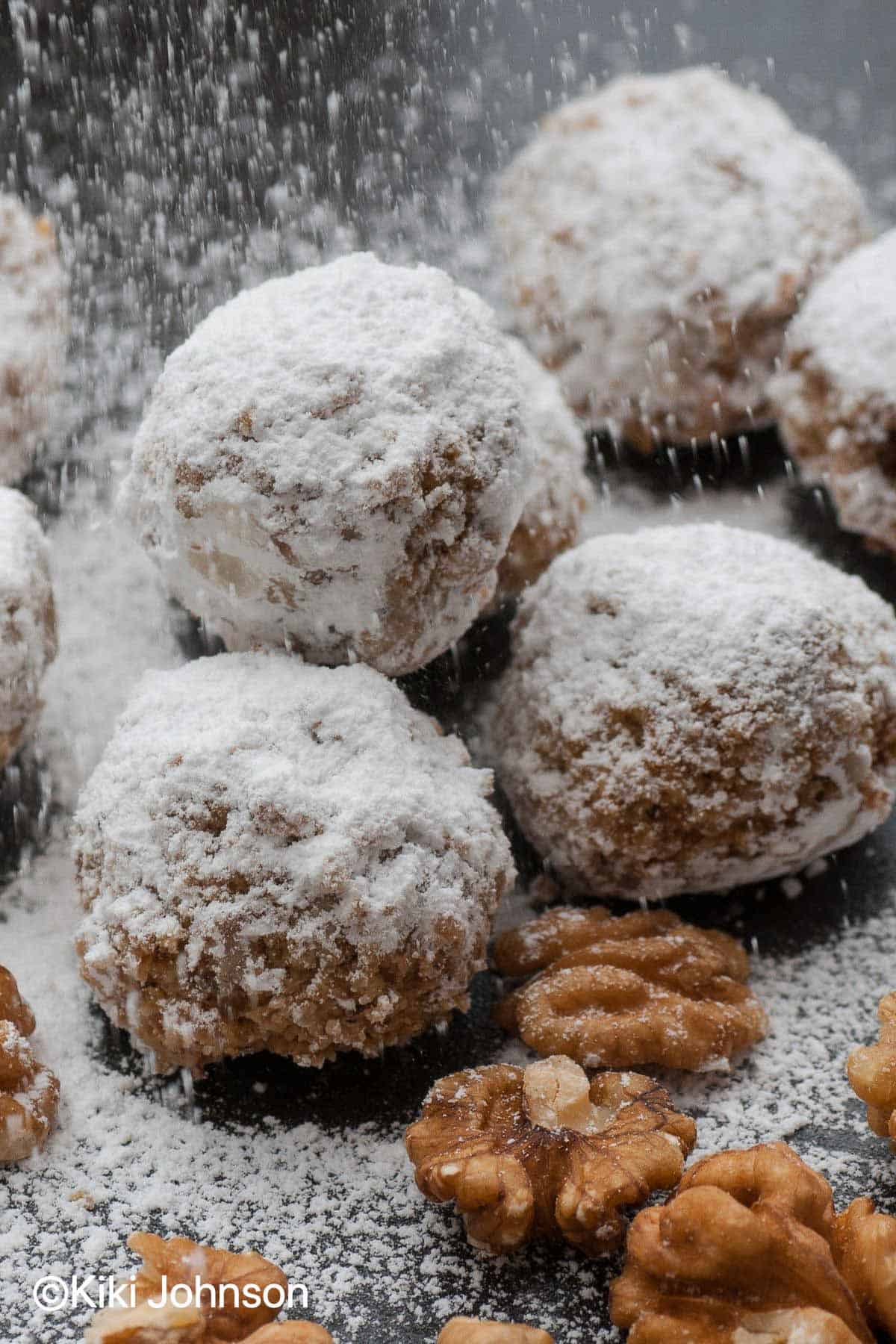 walnut snowball cookies dusted with icing sugar