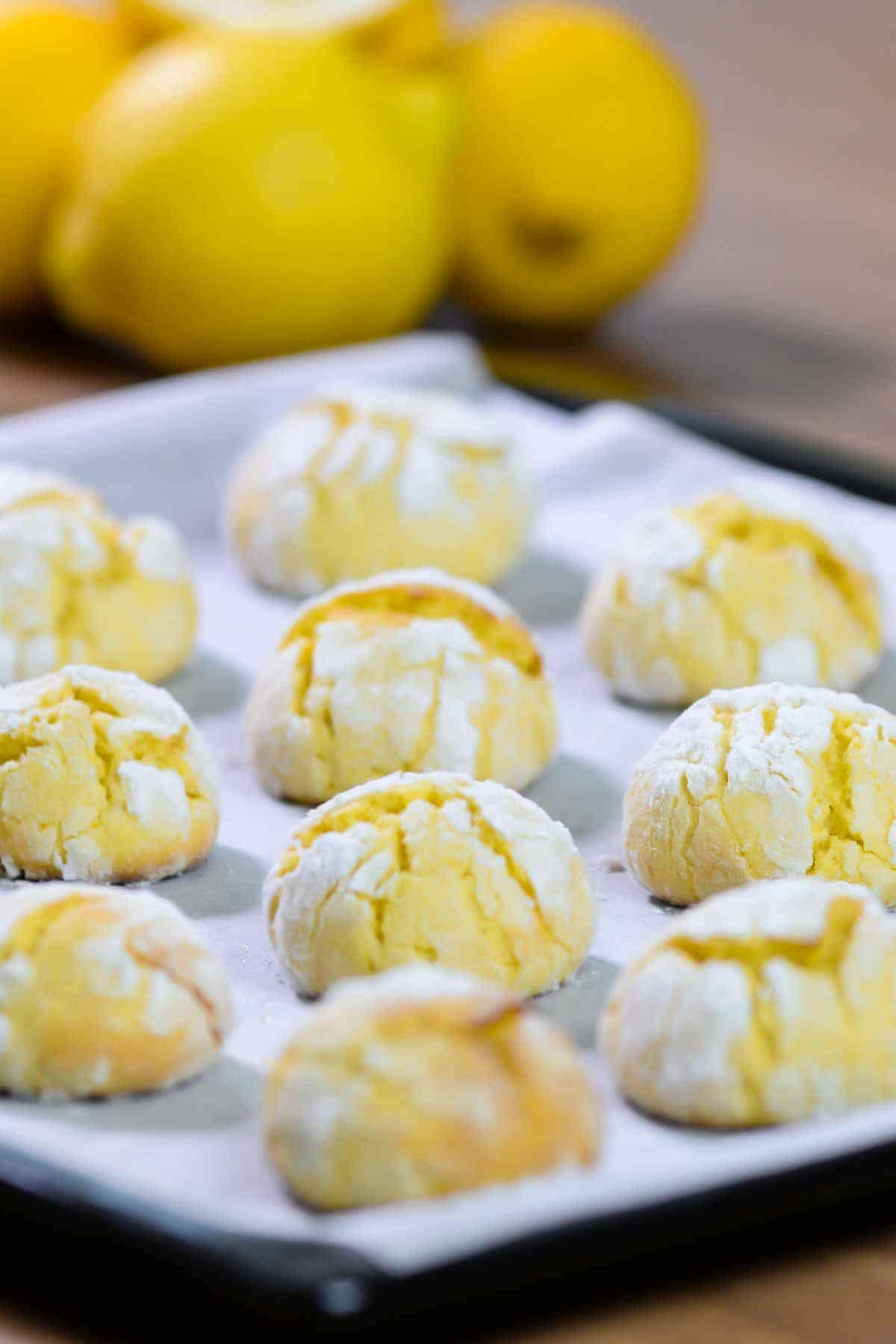lemon amaretti cookies on a baking sheet