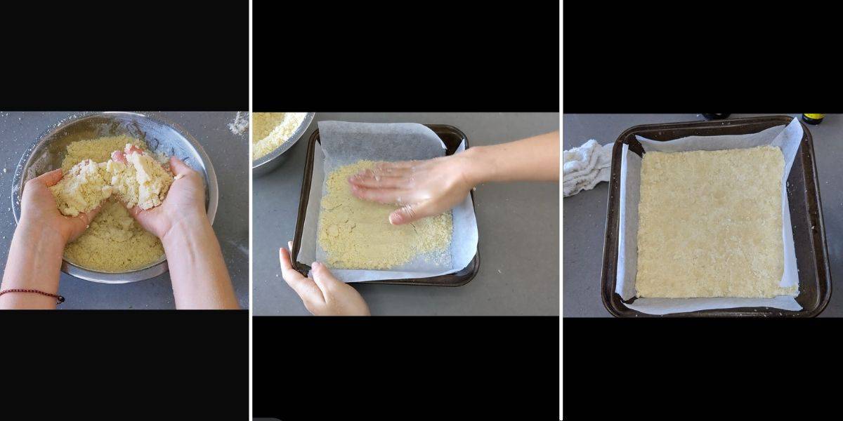 streusel pastry being prepared and pressed in a cake tin to make german cake recipe