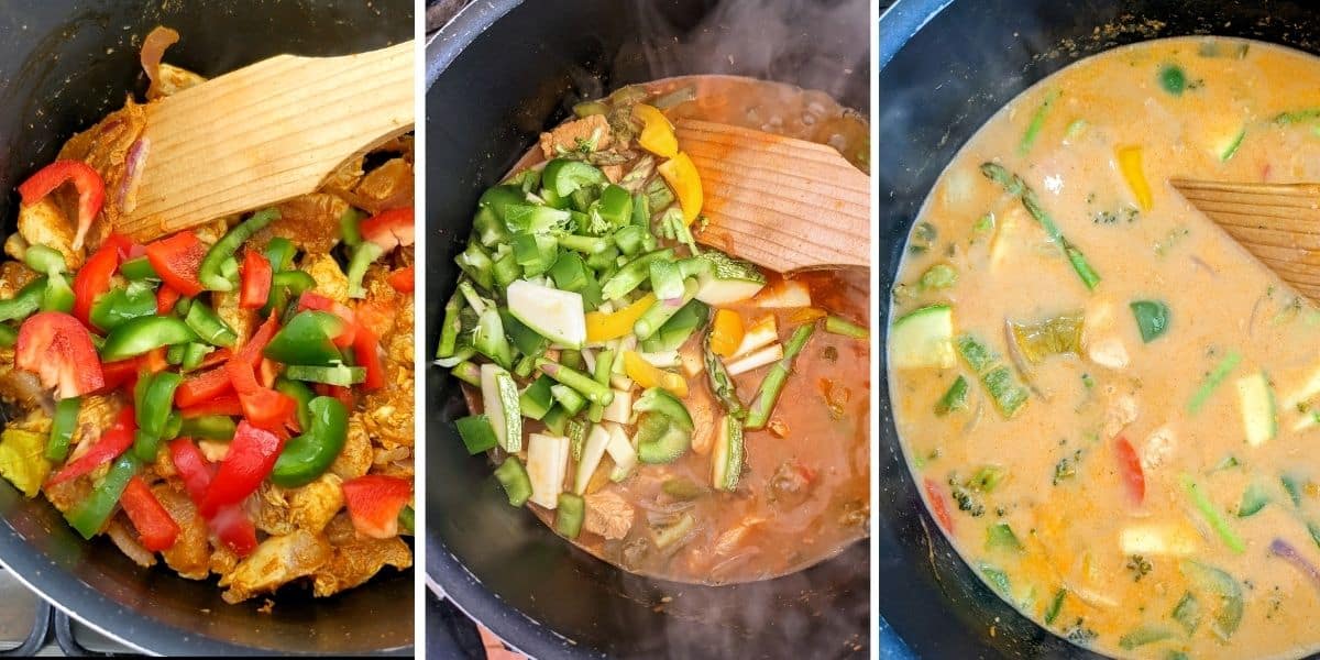 Gemüse und Kokosmilch werden in einen Topf gegeben für Curry Rezept