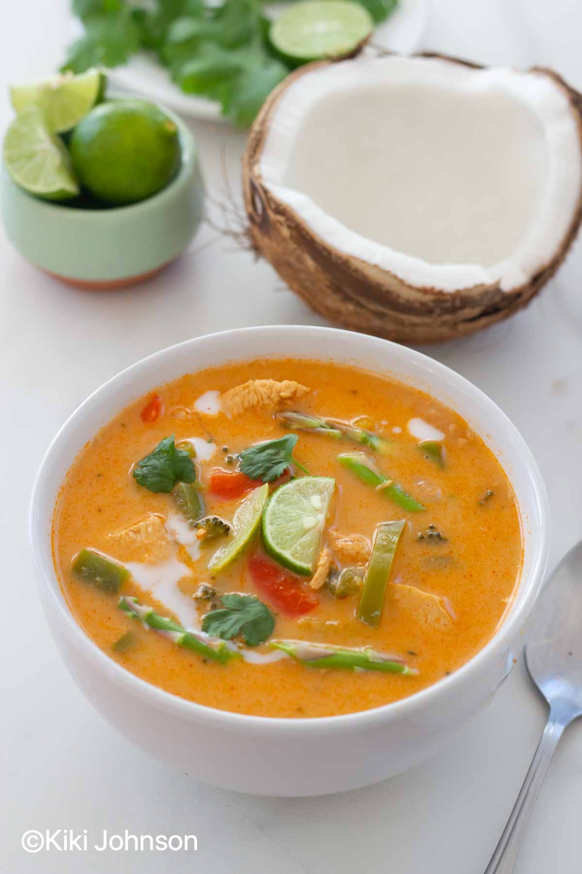 Rote Thai Curry Suppe mit Hähnchen und Kokosmilch 