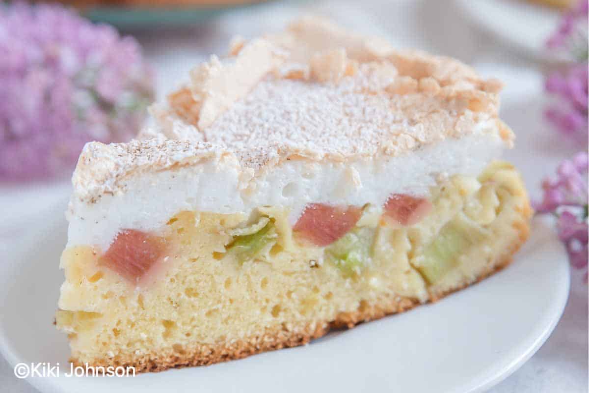 close-up of German Rhubarb Cake with Meringue Topping on a small cake plate