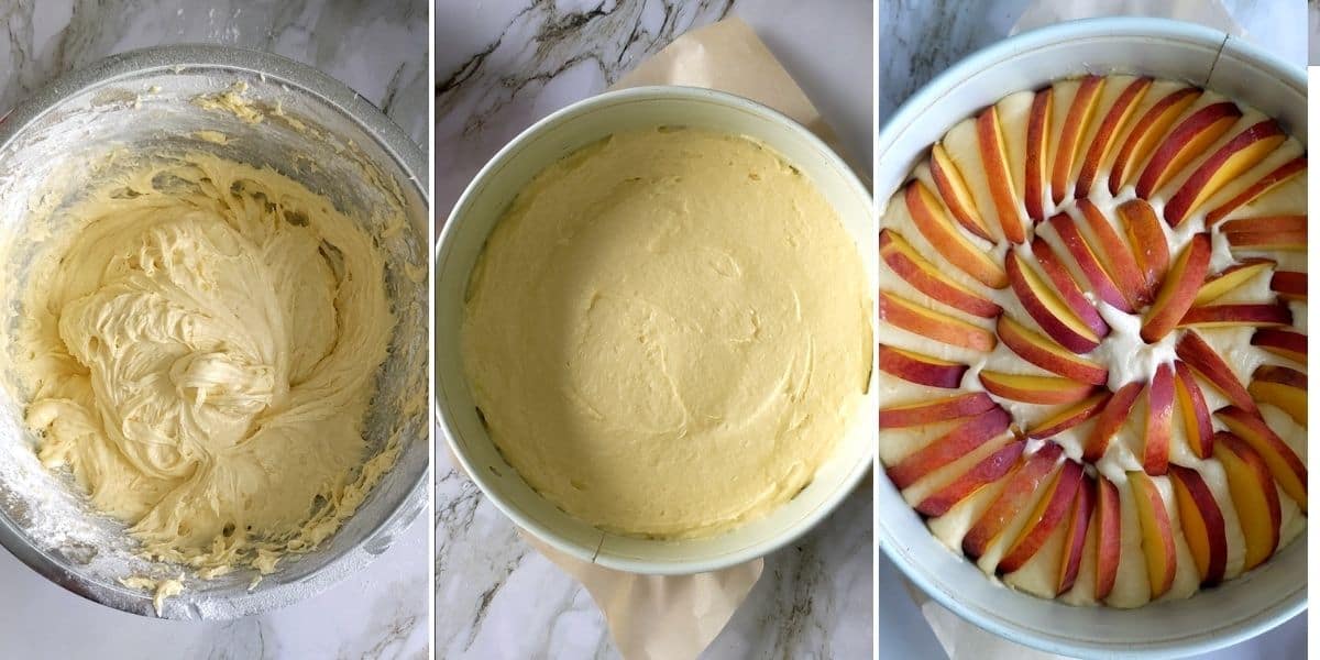 step by step instructions on how to place peach slices into cake batter for German peach cake recipe