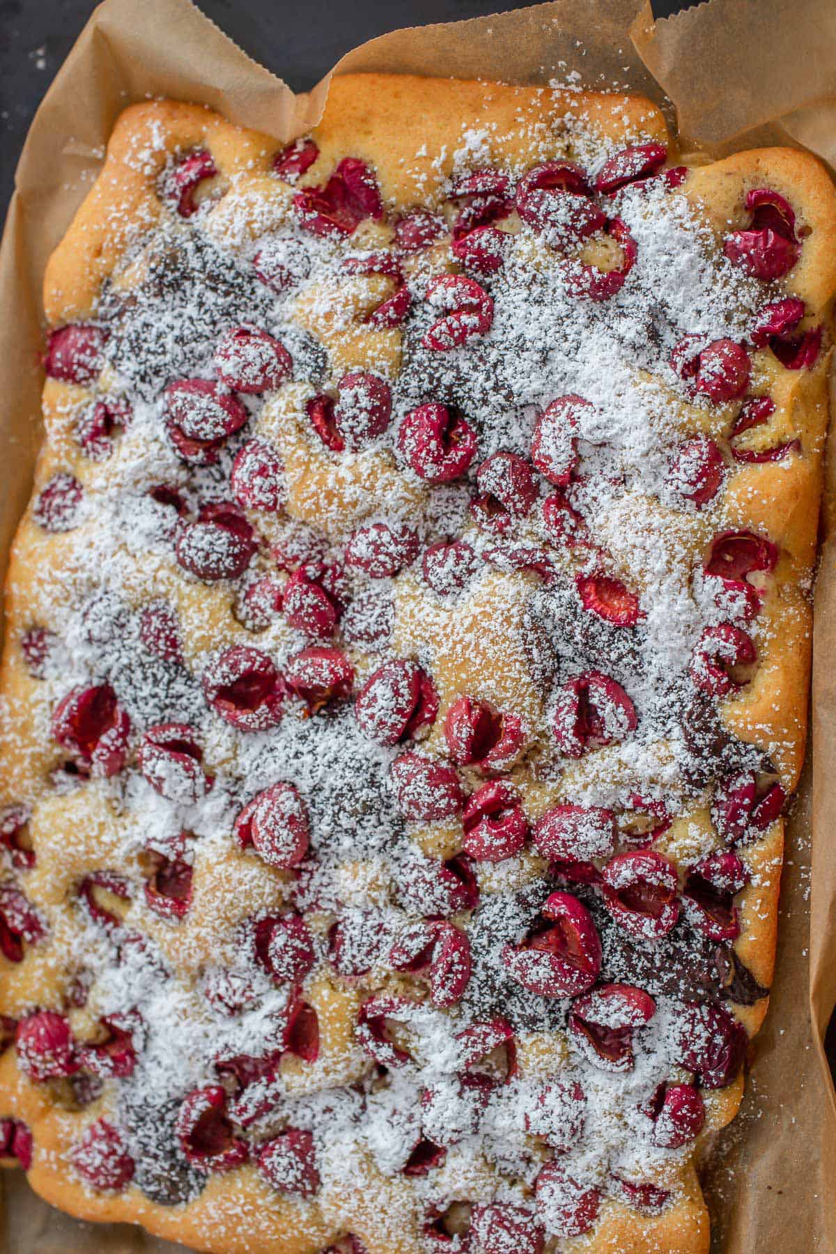 German Marble Cake with sour cherries on a sheet pan dusted with icing sugar