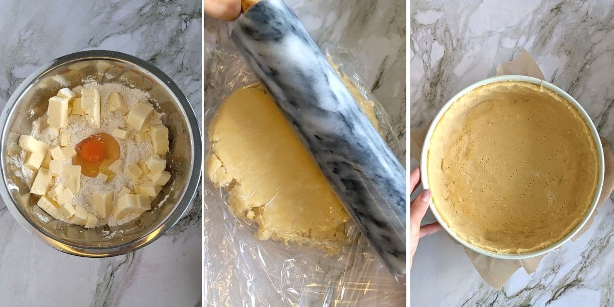 picture collage demonstrating how to make shortcrust pastry for Omas German cheesecake recipe.