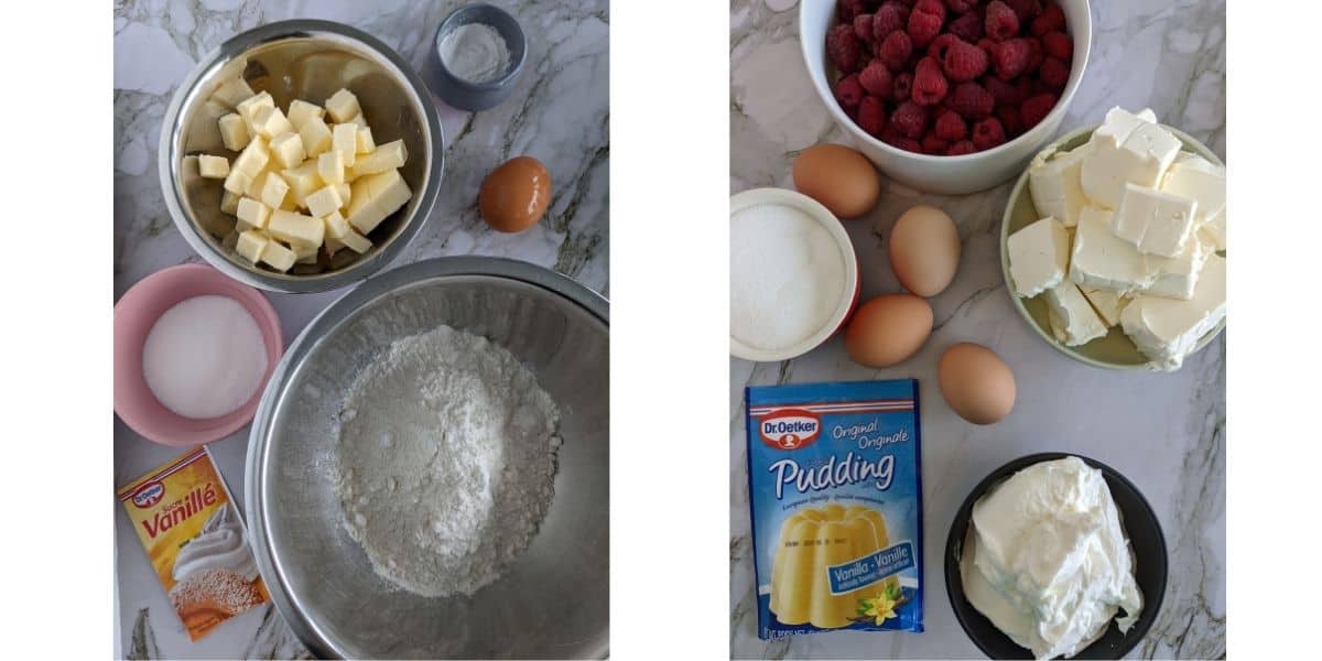 picture collage of ingredients needed for old fashioned German raspberry cheesecake