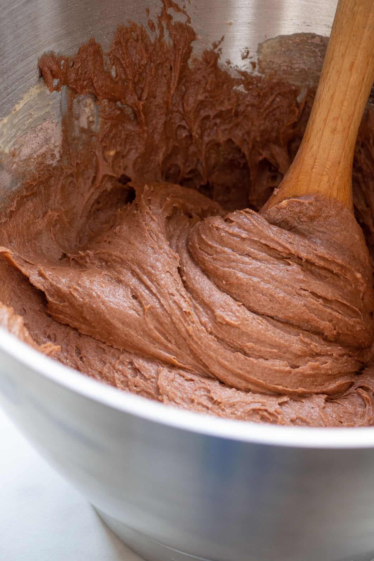 chocolate batter for marble cake recipe in a metal bowl 