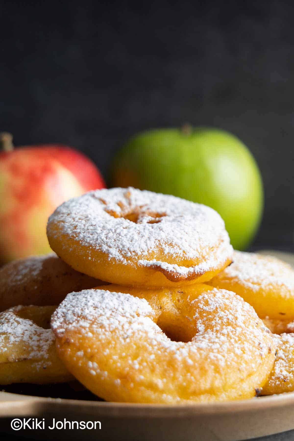 beer battered apple rings dusted with icing sugar 