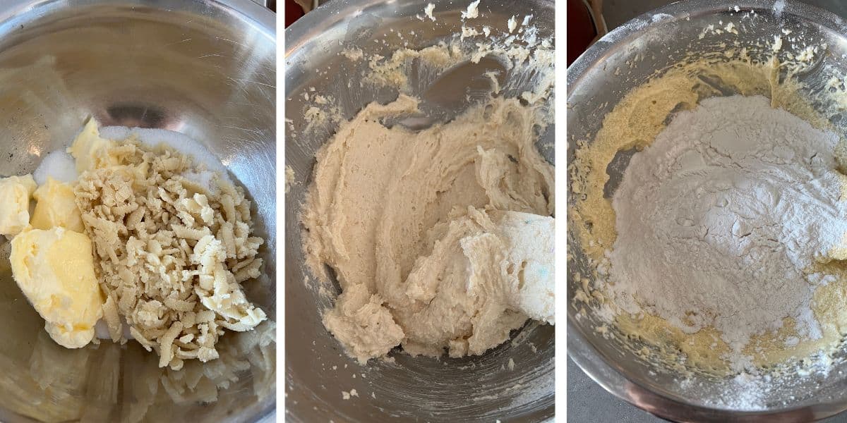 step by step instrucions how to make batter for german marzipan apple cake