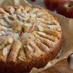 German Apple Almond Cake dusted with icing sugar