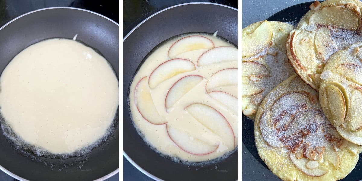 step by step pictures demonstrating how to fry German apple pancakes