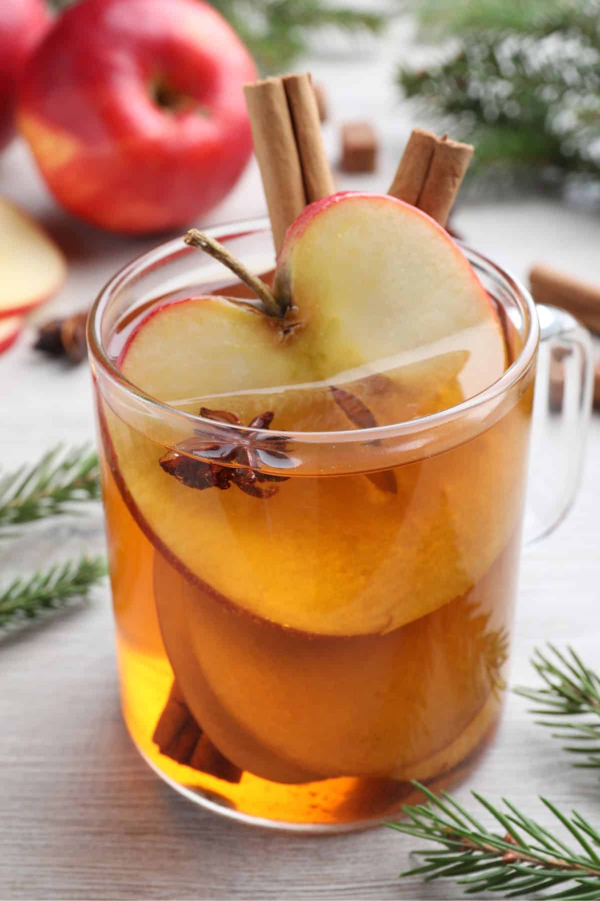 ein Glas mit Apfel Glühwein mit einer Apfelscheibe, Sternanis und einer Zimtstange