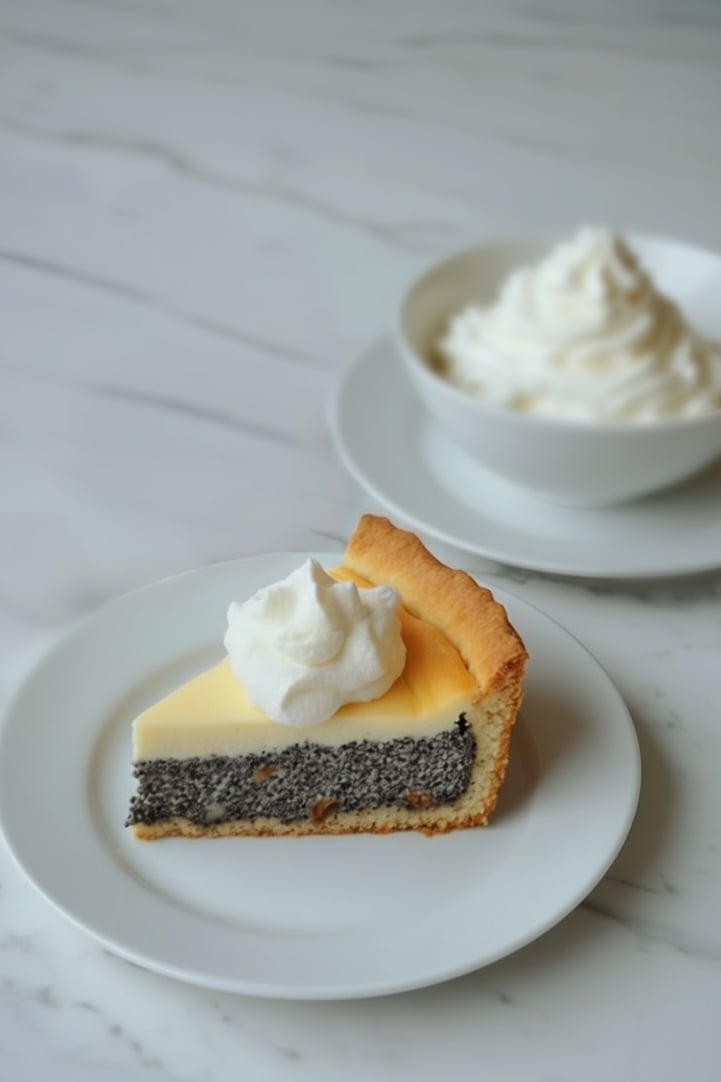 ein Stück Omas Saftiger Mohnkuchen mit Schmand mit einer Schüssel Sahne im Hintergrund 