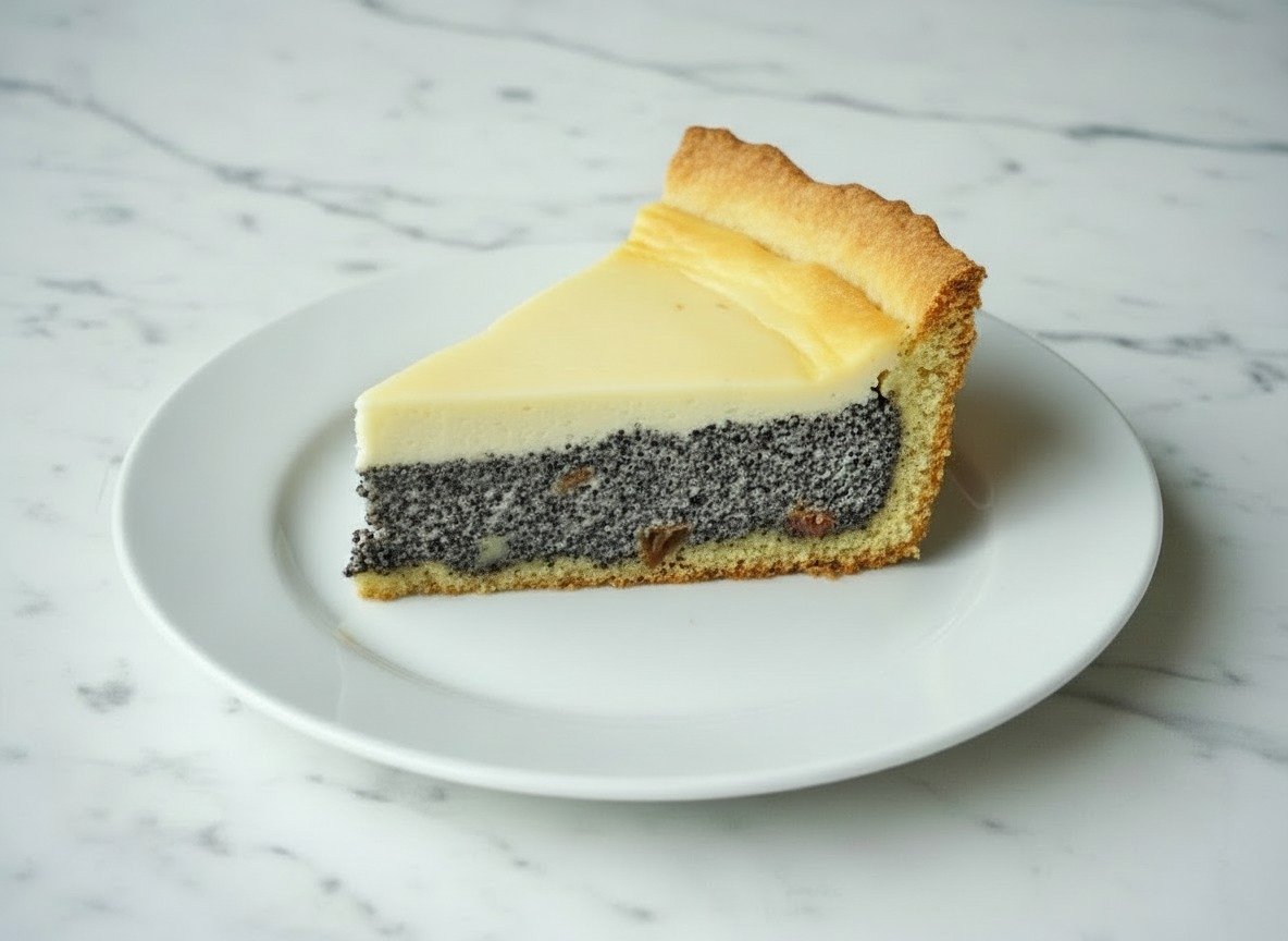 ein Stück Omas Saftiger Mohnkuchen mit Schmand mit einer Kuchengabel