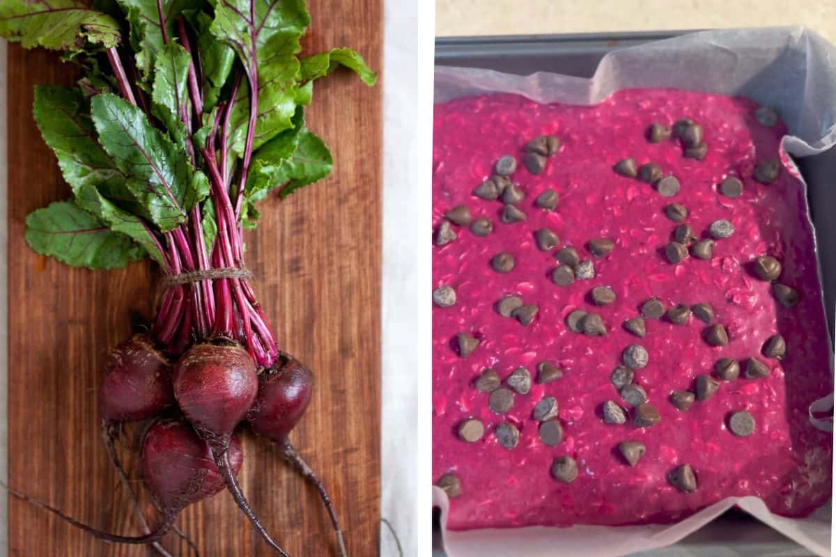 beetroots on a chopping board and a casserole dish with unbaked beetroot oatmeal 