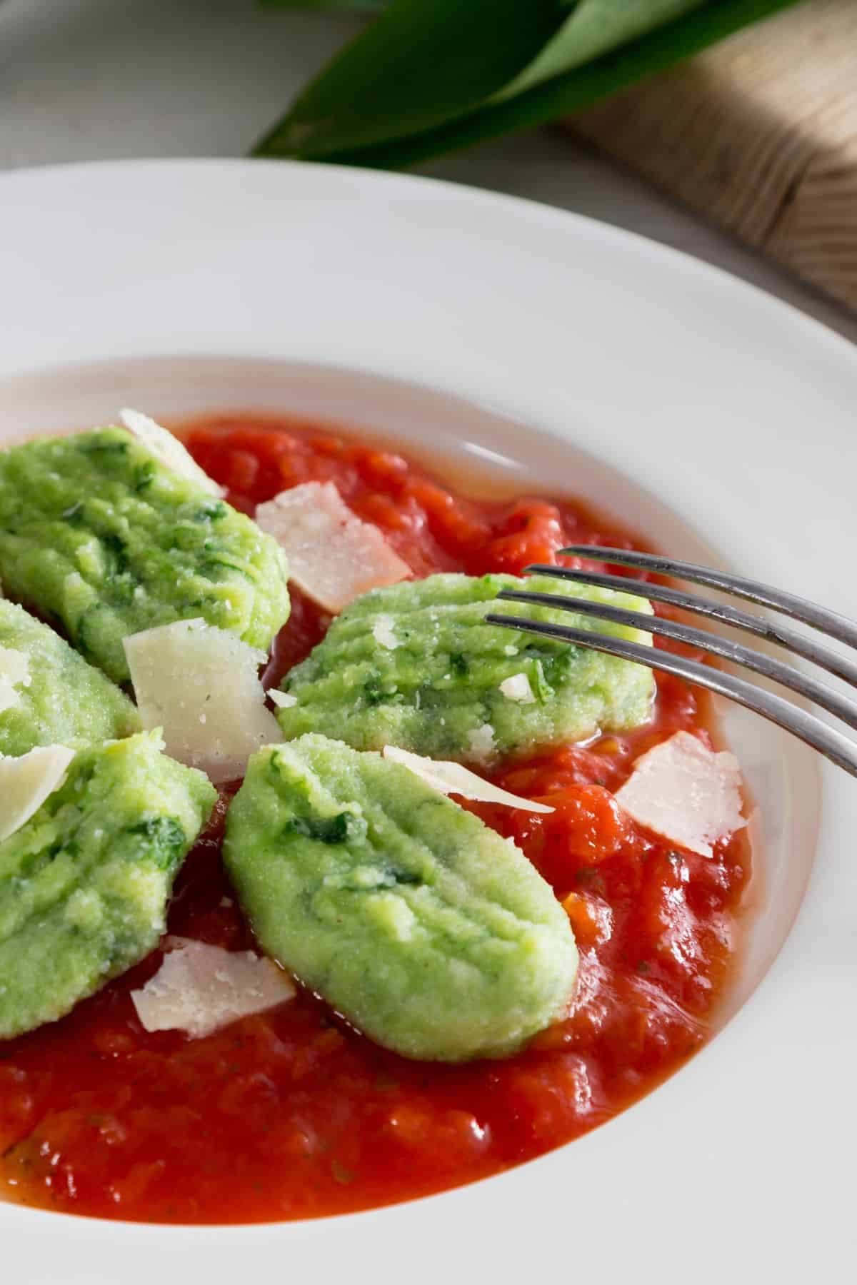 selbstgemachte Bärlauch GNocchi auf Tomatensauce mit gehobeltem Parmesan serviert