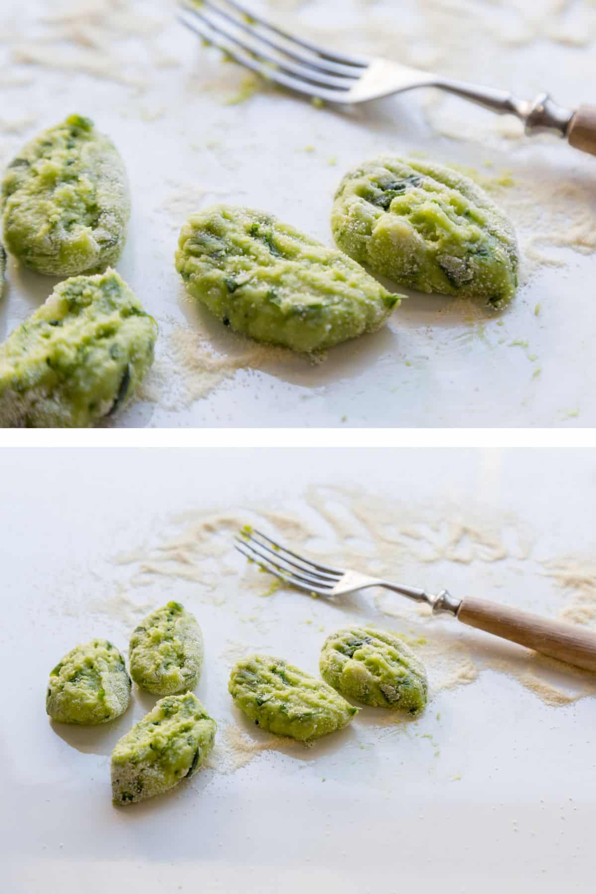 wild garlic gnocchi being shaped on a marble countertop