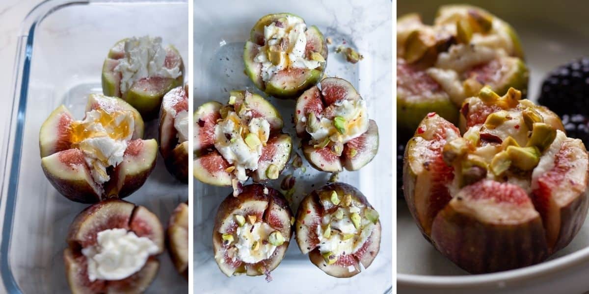 fresh figs stuffed with goat cheese are being drizzled with honey and sprinkled with pistachios before baking.