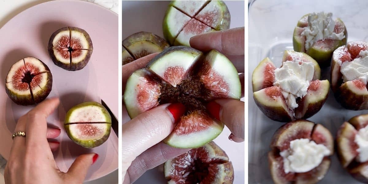 step by step instruction on how to cut open a fresh fig and fill it with goat cheese.