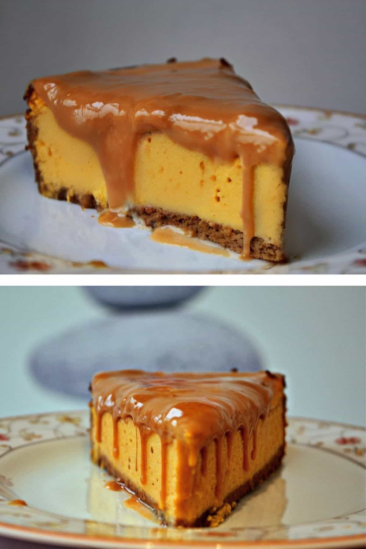 eine Bilder Kollage mit zwei Stücken Kürbis Cheesecake mit Dulce de leche sauce übergossen