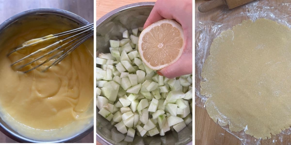Schritt-für-Schritt Anleitung wie man Vanillepudding zubereitet und äpfel für die Füllung schneidet.